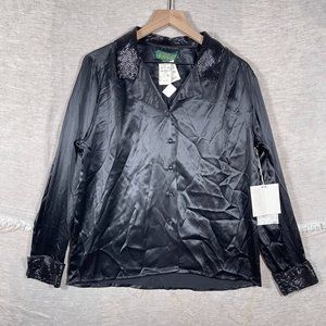 Vintage 80s 90s NWDs Black Silk Robinsons Embellished Button Front Blouse sz 10